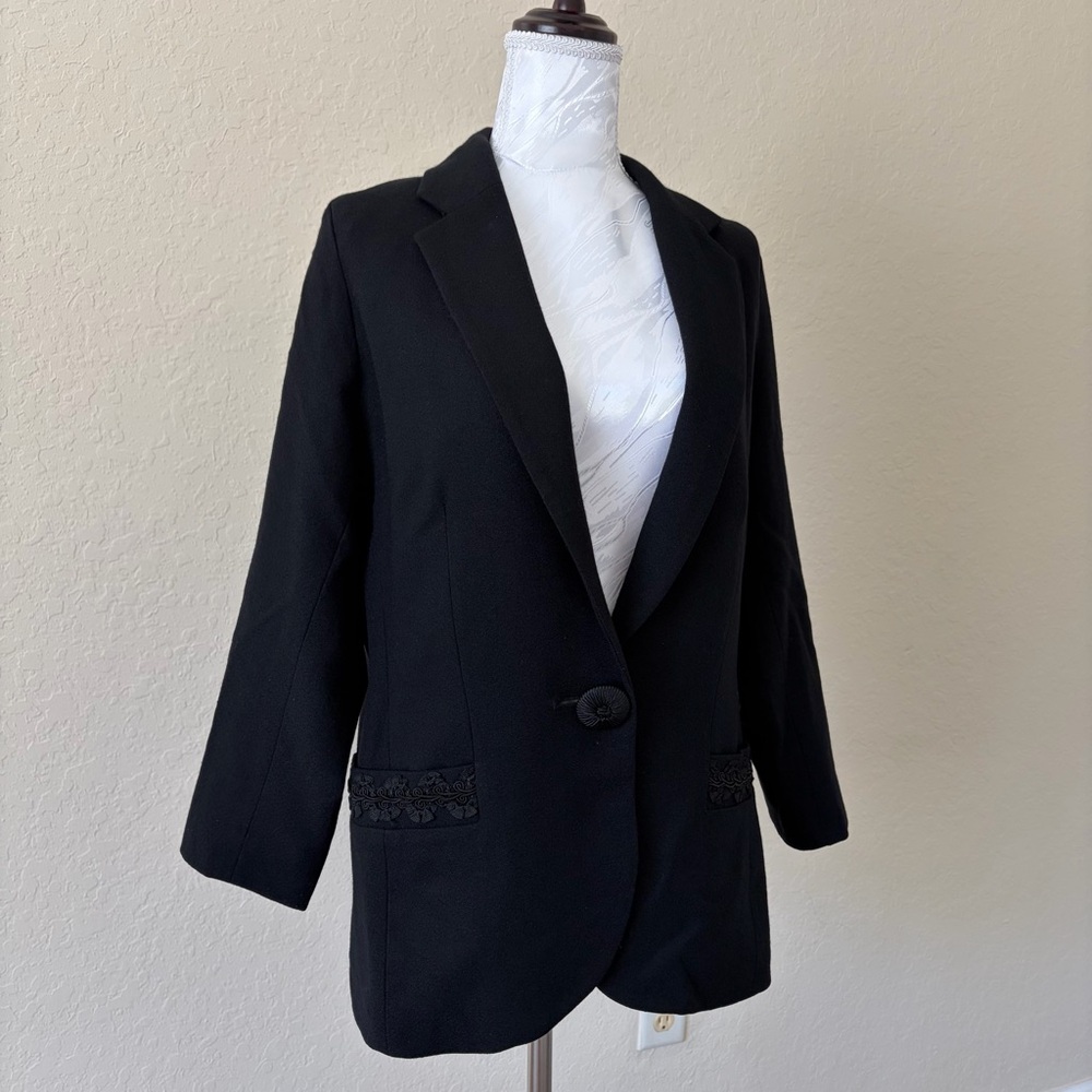 Classic Core Vintage Ann Taylor Black‎ Wool Embroidered Pocket Blazer Size 10